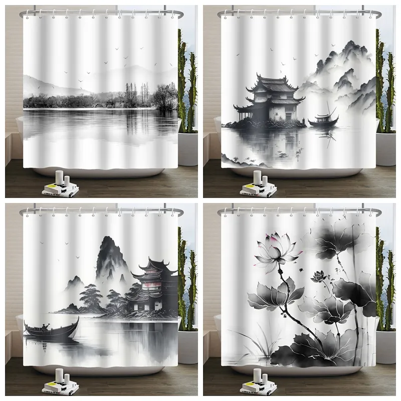 Terretta per doccia paesaggistica cinese inchiostro inchiostro moderno arte impermeabile tende da bagno colorate.