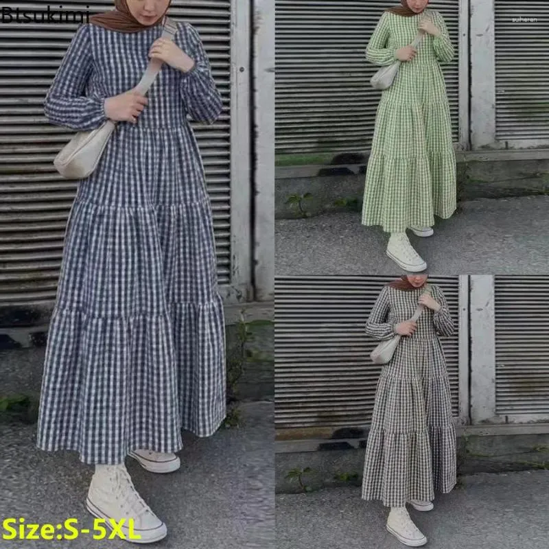 Ethnische Kleidung 2024 Frauen Vintage Plaid überprüft Sundress Muslim Langarm Abaya Elegante Rüschen Maxi Kleid Dubai Arabische Kaftan Robe Femme