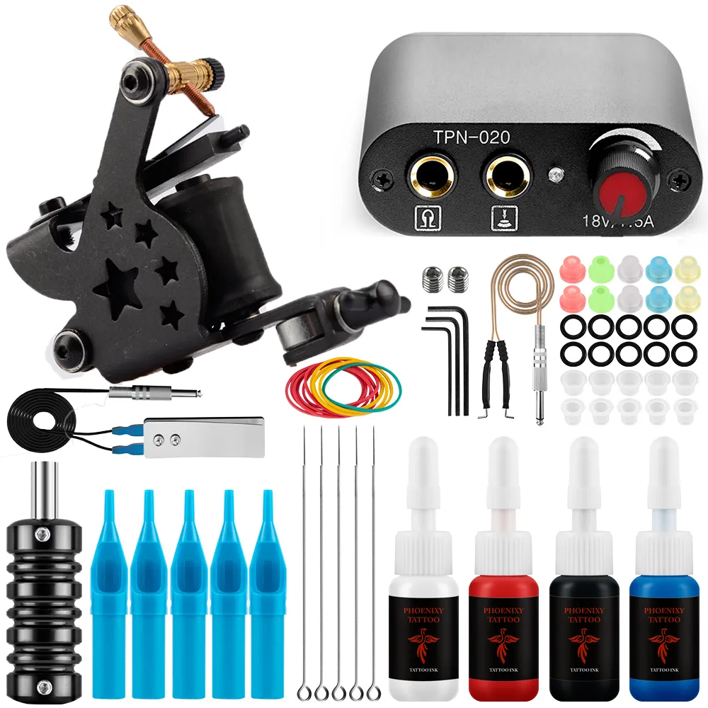 Phoenixy Beginner Tattoo Machine Gun Kit Tattoo Machine Power Supply Permanent Tattoo Inks Needles Complete Tattoo Body Art Kit