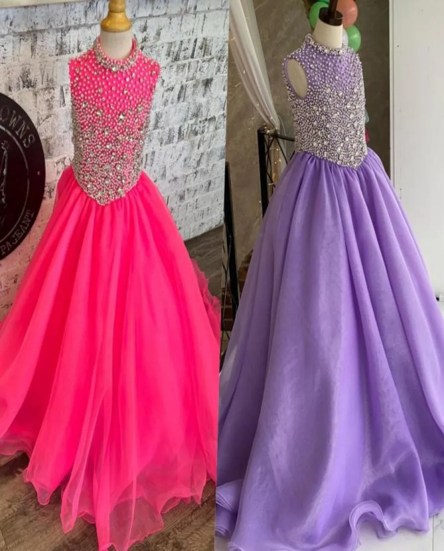 High Collar Girl Pageant Dress 2022 Ballgown Crystals Beaded Organza Little Kid Birthday Party Party Gown Toddler Teens Preteen F6260348