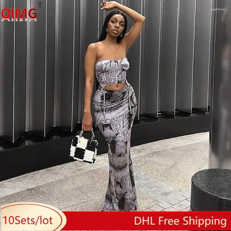 Vestidos de trabalho 10 Salia de primavera por atacado Women Women Sexy Strapless Tube Top Printing Longo Duas peças SES Bodycon Dress Suits 10504