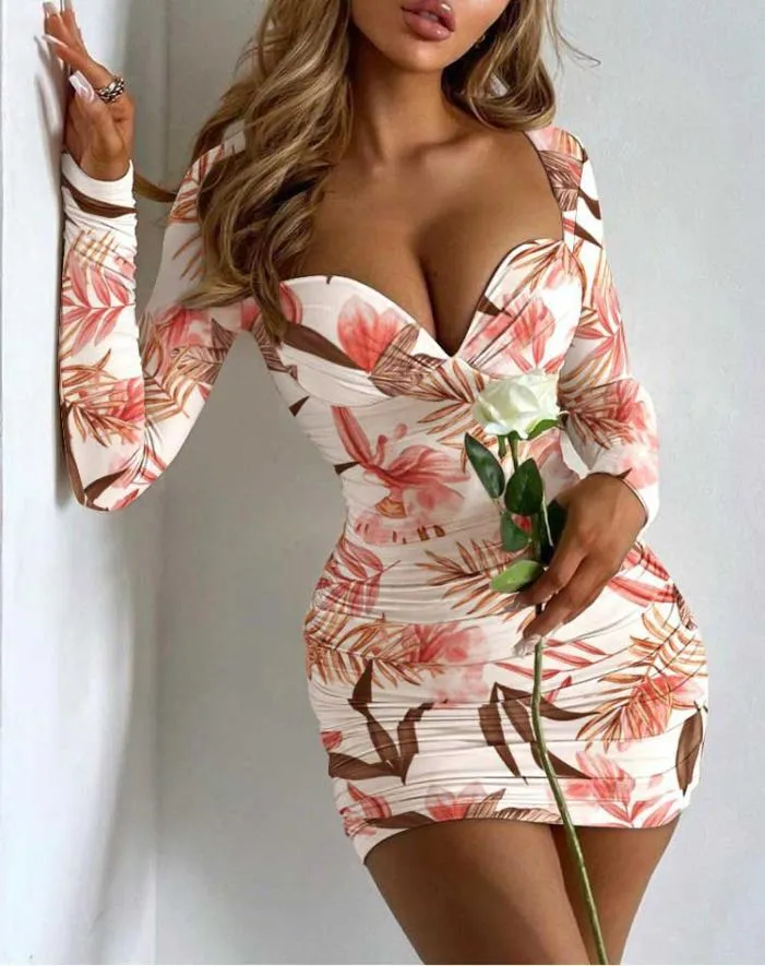 Casual Dresses Sexig Deep V Neck Low Cut Long Sleeve BodyCon Mini Dress Summer Women Floral Print Night Clubwear Vestidos WDC9730CA7944123