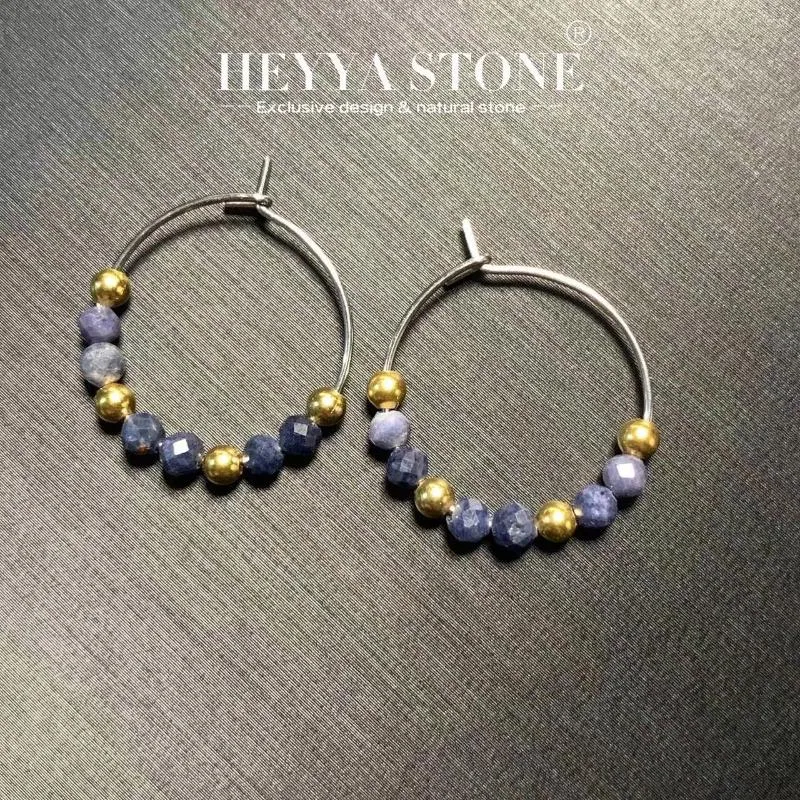 Boucles d'oreilles cerceaux Heyya Stone Natural Sapphire Simple Classic Round Circle Bijoux de pierre précieuse