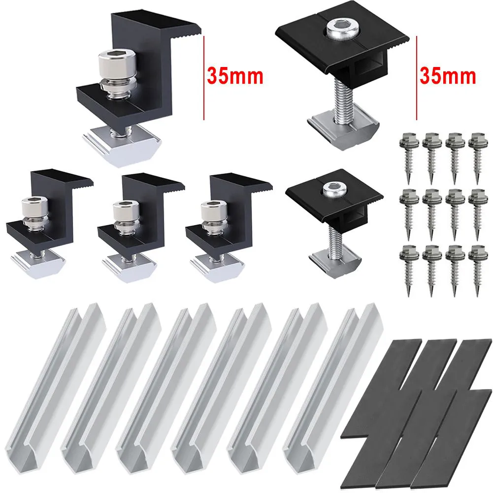 PV Moduł słoneczny Wspornik montażowy Zestaw szyny aluminium płaski dach/środkowy zacisk Zestaw 20 cm 30-35 cm Regulowany zacisk