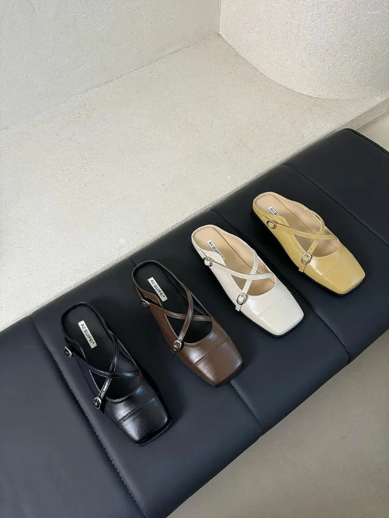 Slippare Casual Women Slides Square Toe Summer Outside Mules Shoes Low Heeled Black Brown Beige Yellow Cross Strap Belt Buckle