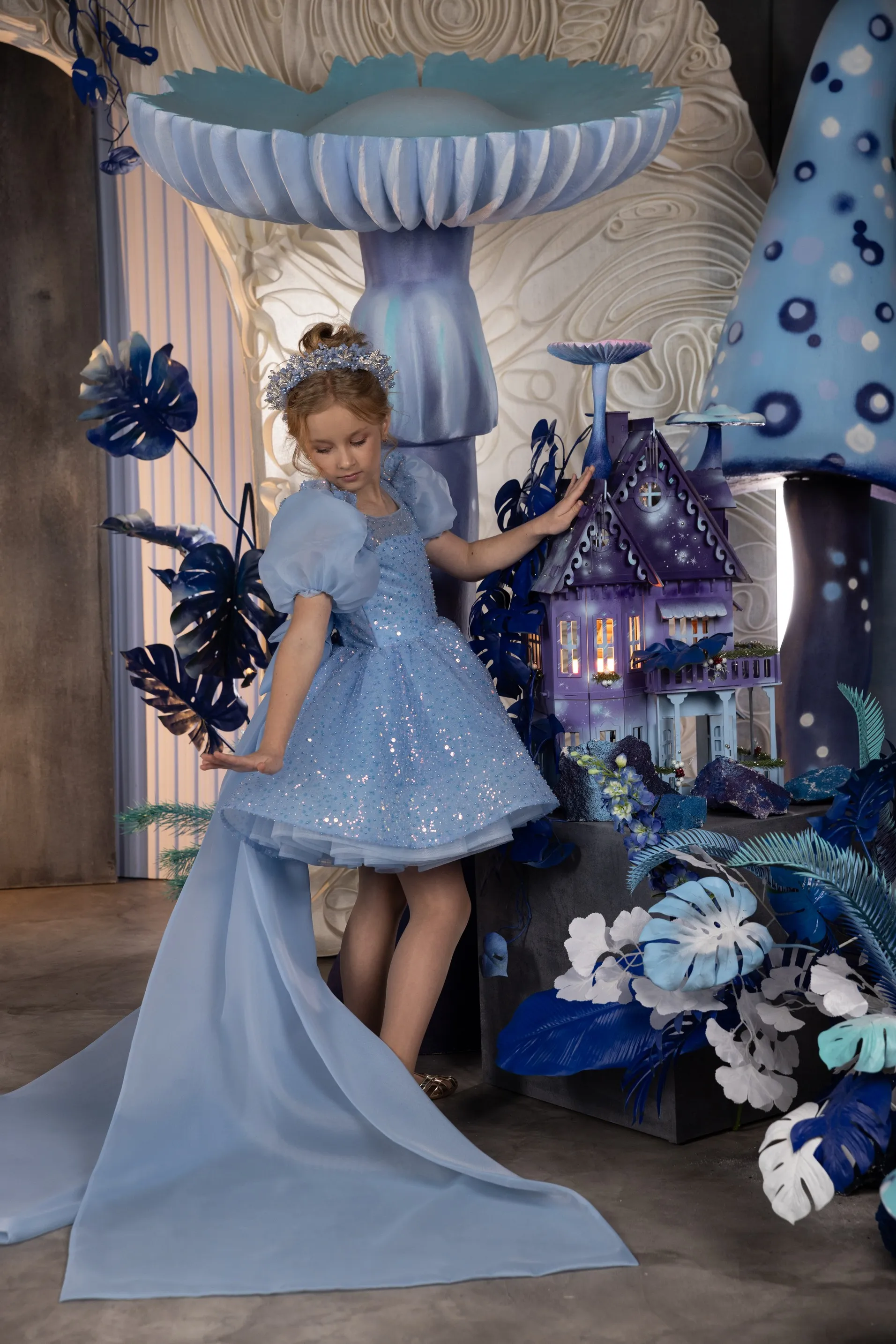 Sky Blue Tulle Flower Birthday Dress With Sparkling Sequins