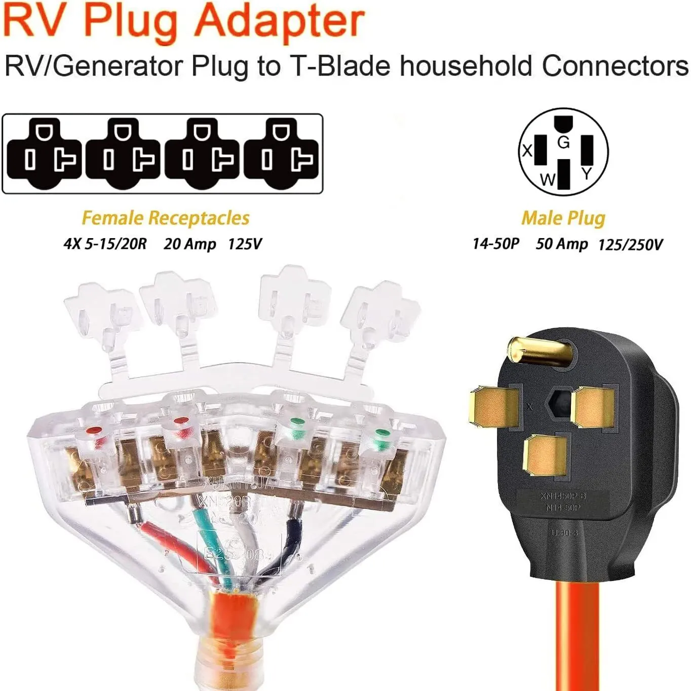 50Amp 4Prong NEMA 14-50P Male Plug To 4X5-15/20R Household Outlet Female Connectors Adapter Cord With Dust Protection Caps,1.5ft