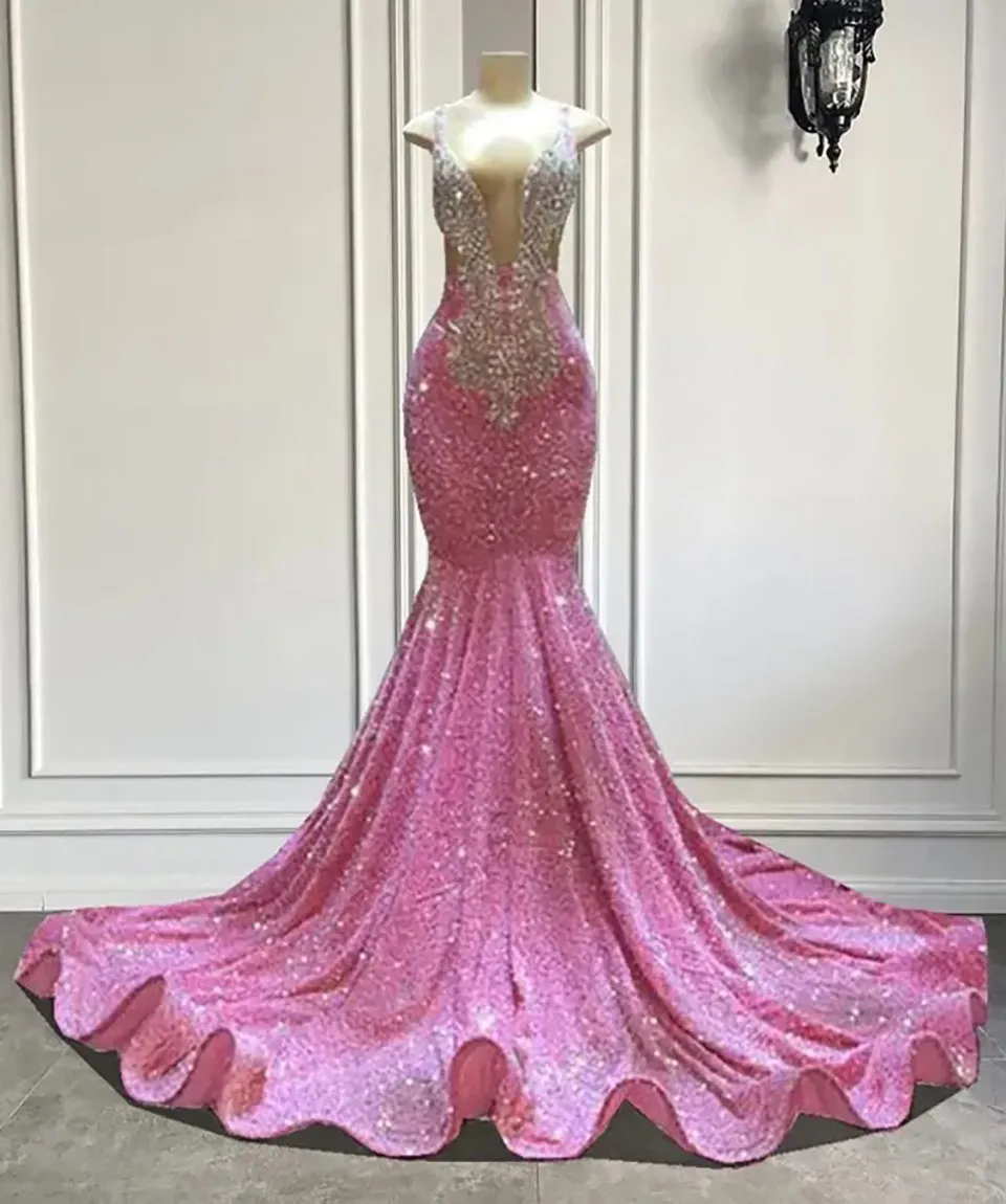 Pink Abendkleider Prom Kleid Party Trompete Meerjungfrau O-Neck Perlen Applique Custom Reißverschluss Schnürung Plus Größe Neue Illusion PECADE Kristallärmel und