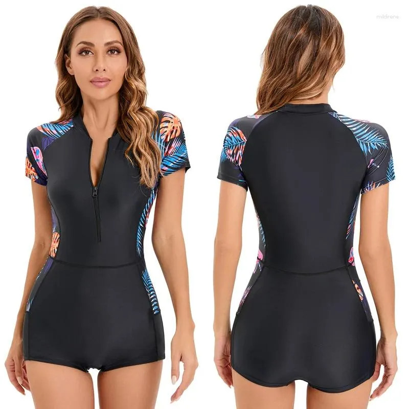 Kvinnors badkläder sexig surf rashguard kort ärm kvinnor en bit baddräkt utslag vakt baddräkt badstrand slitage bodysuit monokin