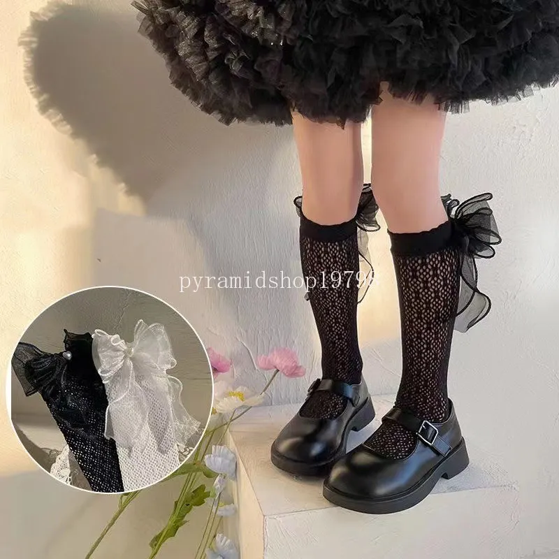 Sommer Mesh Girls Socken Einheitliche Farbe Bug lang Ribbon Knie hohe Socke für Kinder süße atmungsaktive Kinder Lolita lange Socken