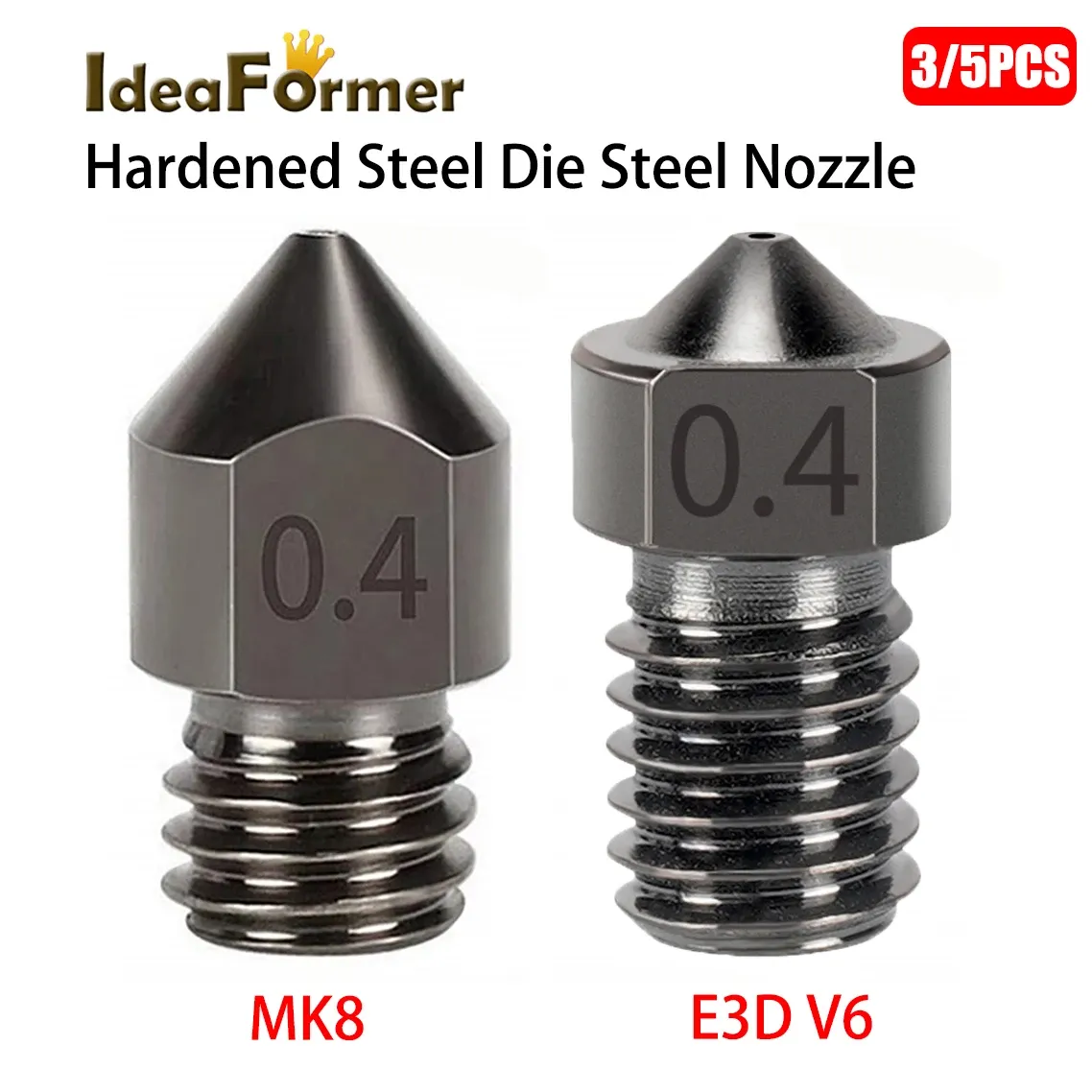 IdeaFormer 3/5pcs Hardened Steel Die Steel Nozzle for MK8 CR10 V6 M6 Thread Extruder Hotend Nozzle 1.75mm Filament