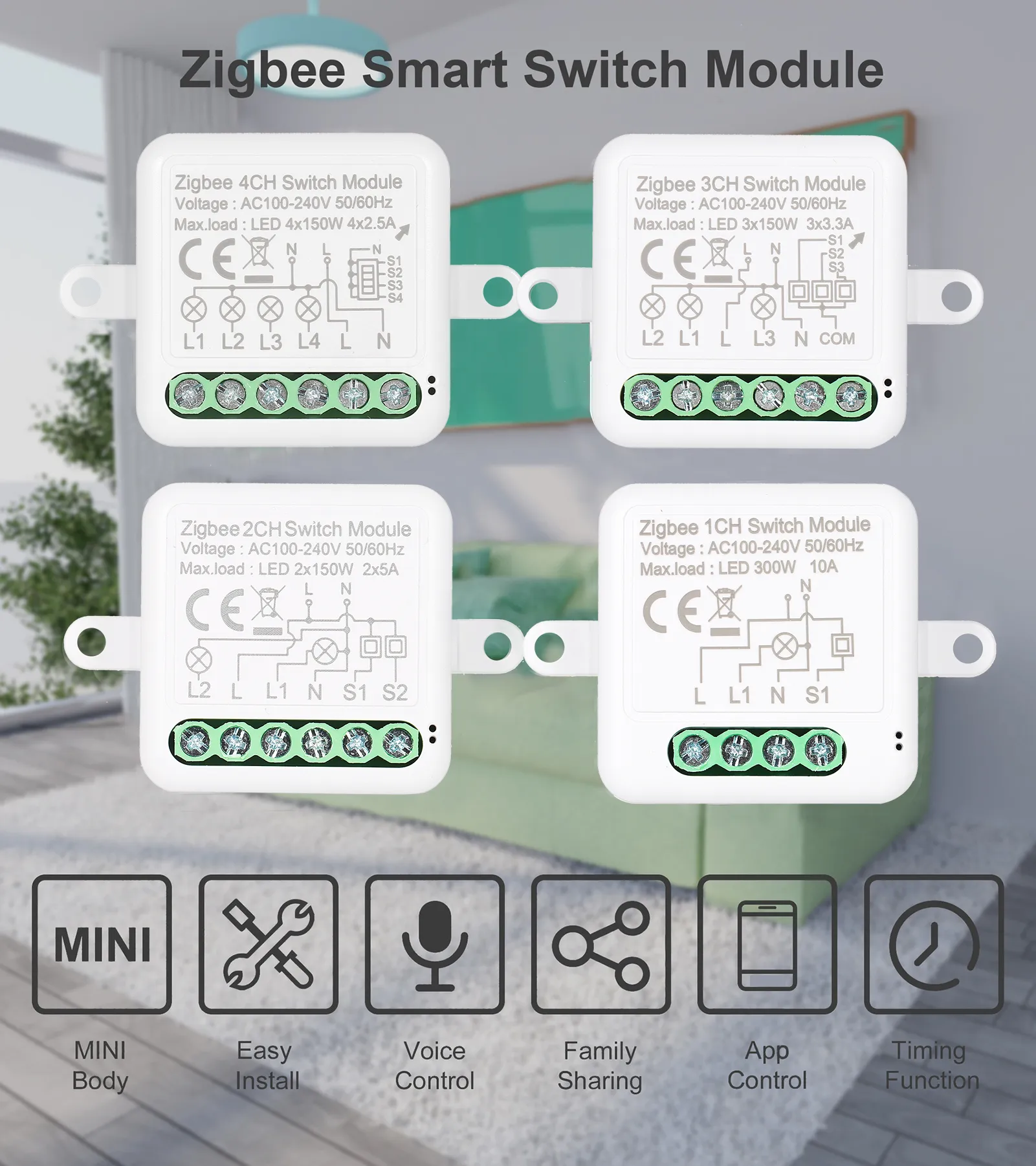 ZigBee Mini Smart Switch Relay Module 1/2/3/4ch 2 Way Control för smart Home App Remote Control fungerar med Alexa Google Home