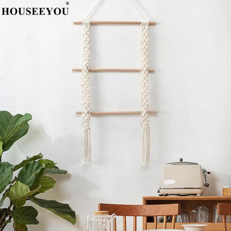 Tapisserier Macrame Wall Hanging Tapestry Rack Bohemian Handvävda trähyllor Växt Stand Stand Home Room Decoration Ornament