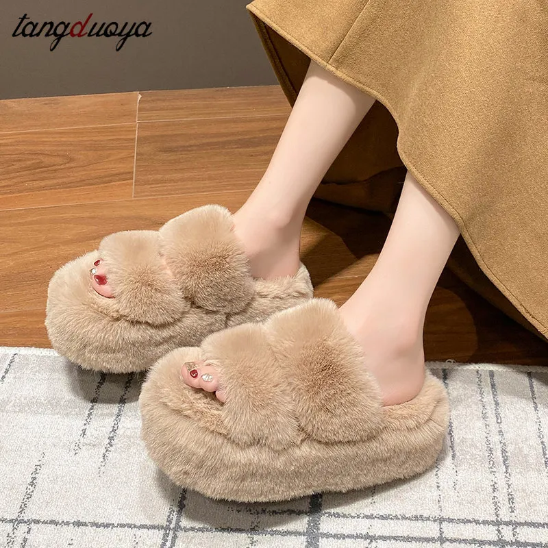 Womens Platform Slippers New Fluffy Fur Slides, Warm Winter