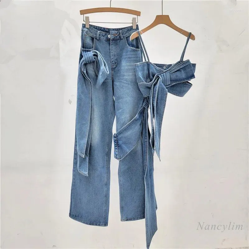 Zweiteilige Hosen von Frauen Retro abgenutzte dreidimensionale Bogen dekorative Jeans Loose Cool Weste Camisole Streetsty