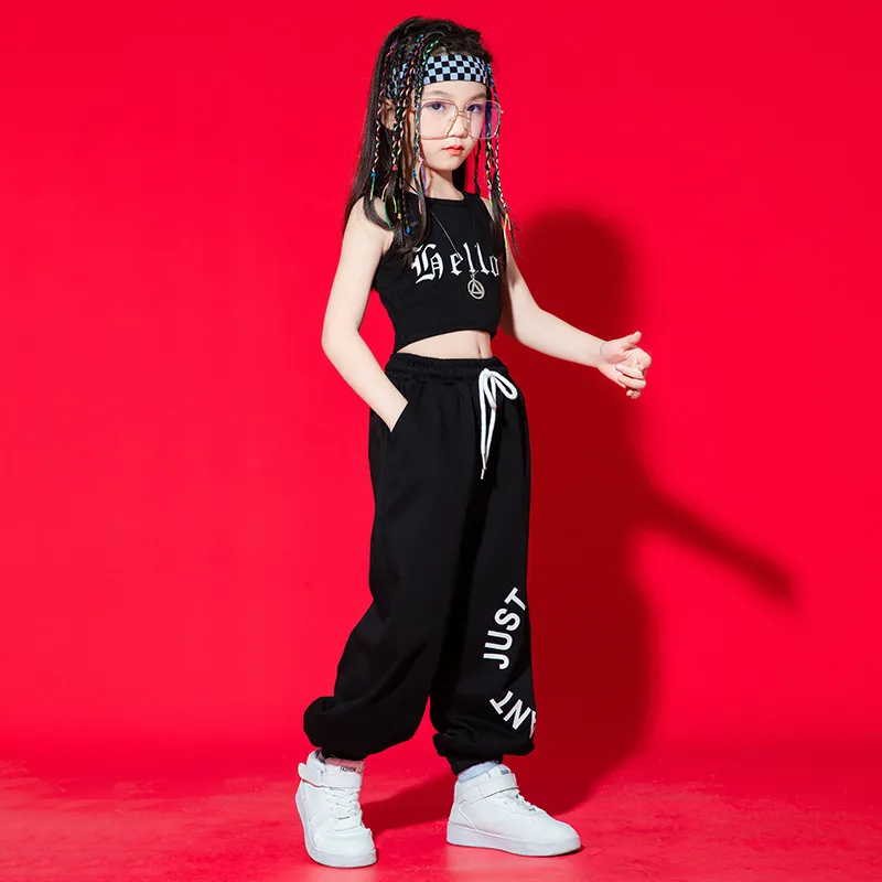 Kid Hip Hop Clothing White Black Top Top Letter Casual Street Sport Jogger Sweat Bins для девочек Джазовый танец костюм одежда