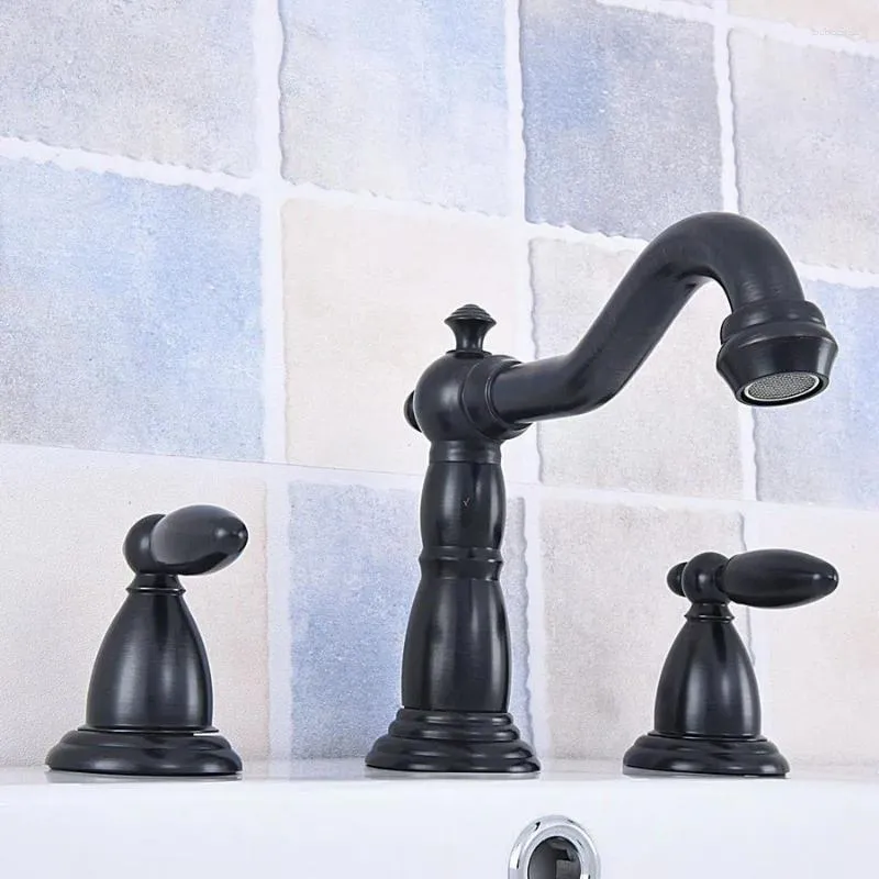 Bathroom Sink Faucets Widespread Black Oil Rubbed Brass Basin Faucet 3 Hole Deck Mount Bathtub Mixer Water Kitchen Taps