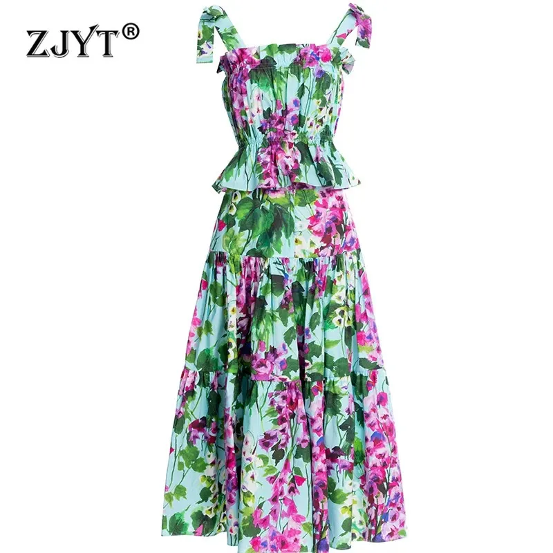 ZJYT Summer Floral Print Dress Set 2 Piece For Women Runway Designer Spaghetti Strap Topmidi Kirt Suit Holiday Beach Outfit 240411