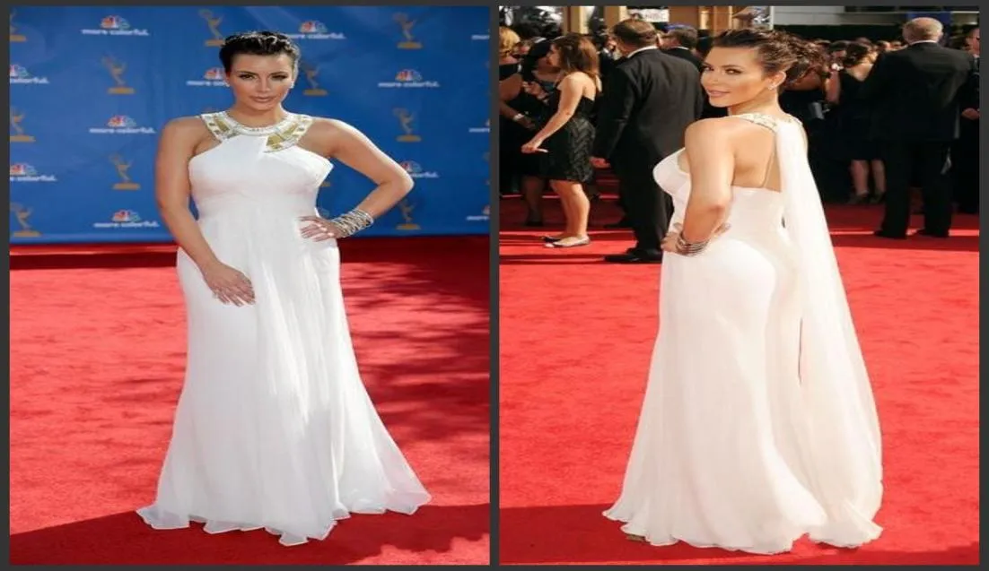 Abiti da sera Kim Kim Kardashian sexy 2018 Eleganti abiti da celebrità bianchi in chiffon di chiffon tappeto rosso dalla spalla Lunga sera GO9544780