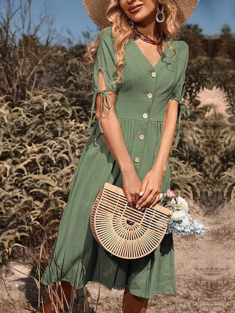 Womens V Neck Button Down Casual Midi Dress Aline Short Sleeve Solid  Knee-Length Summer Sundress from Dhgate Basic & Casual Dresses - price 31.06