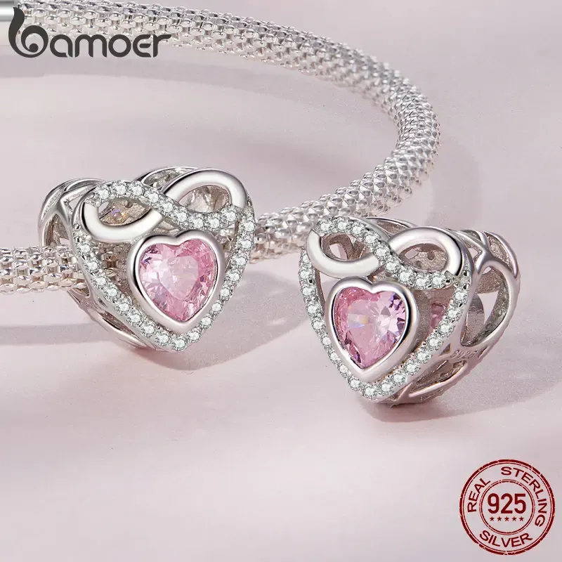 Bamoer 925 Sterling Silver Baby Stagprint Tharms Heart of Eternity Bead for Women Bracelet Neckleace Mother's Geam