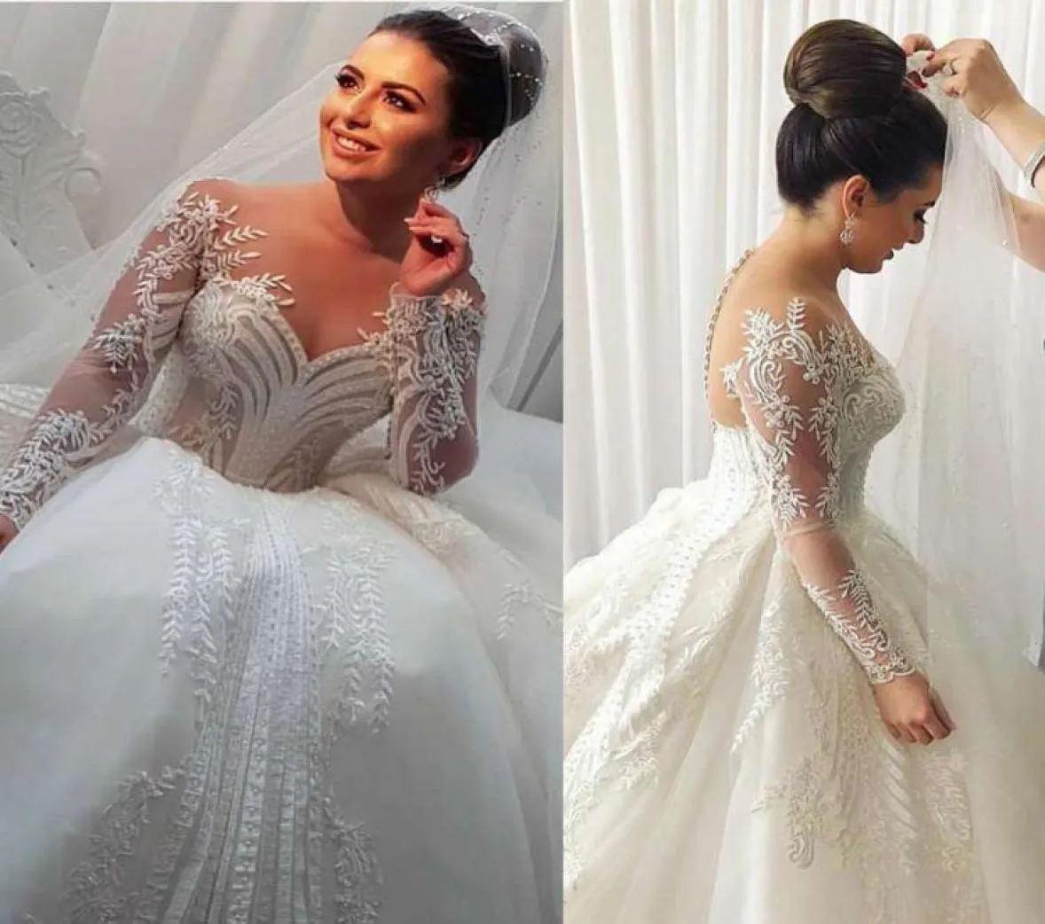 Amazing Sheer Neck Country Wedding Dresses Lace Appliques Long Sleeves Bridal Gowns Sweep Train Custom Made Plus Size Wedding Dres4710257