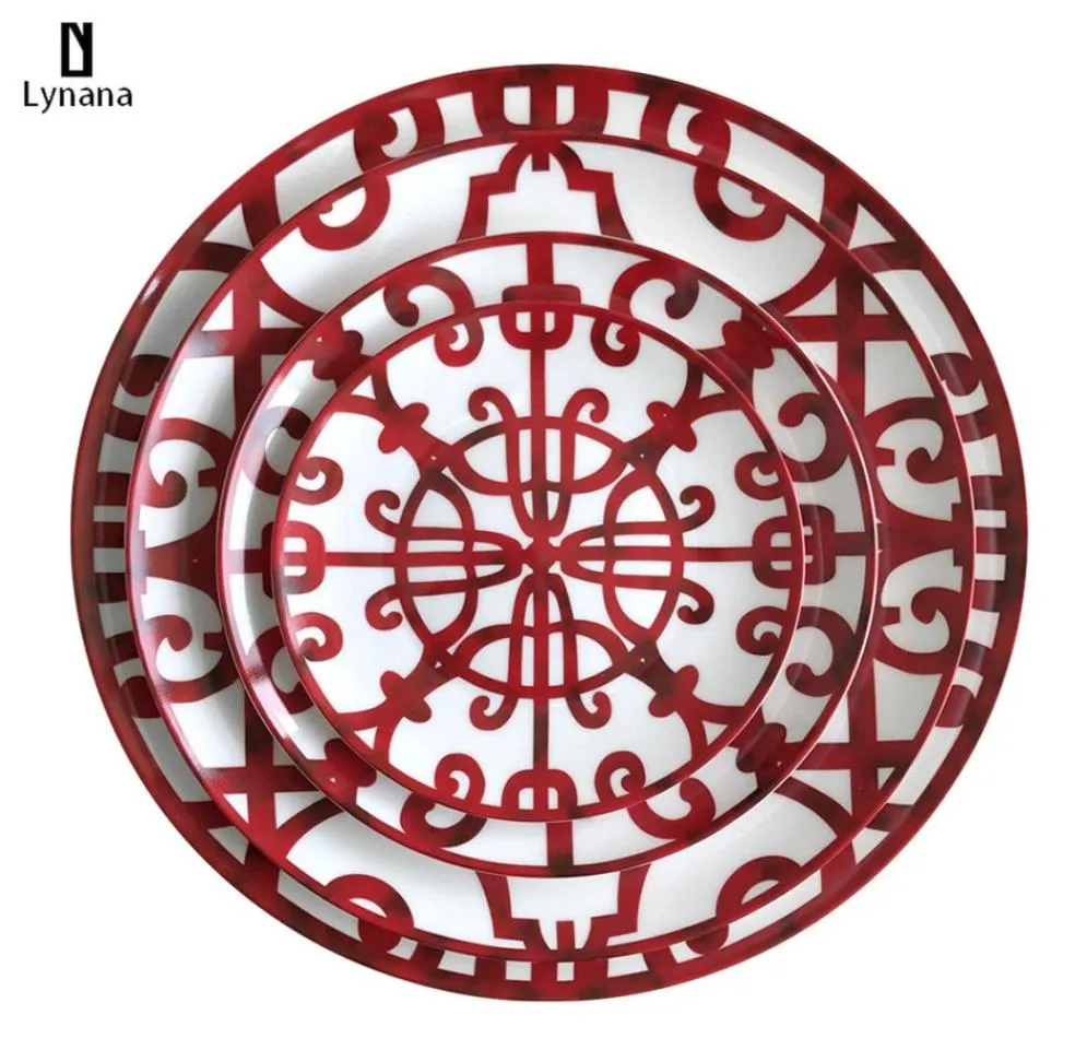 Placa de cerámica pintada a mano Red creative redondea de vajilla de estilo H Cena placas Conjunto de placas de cargador para pasta de boda2946135