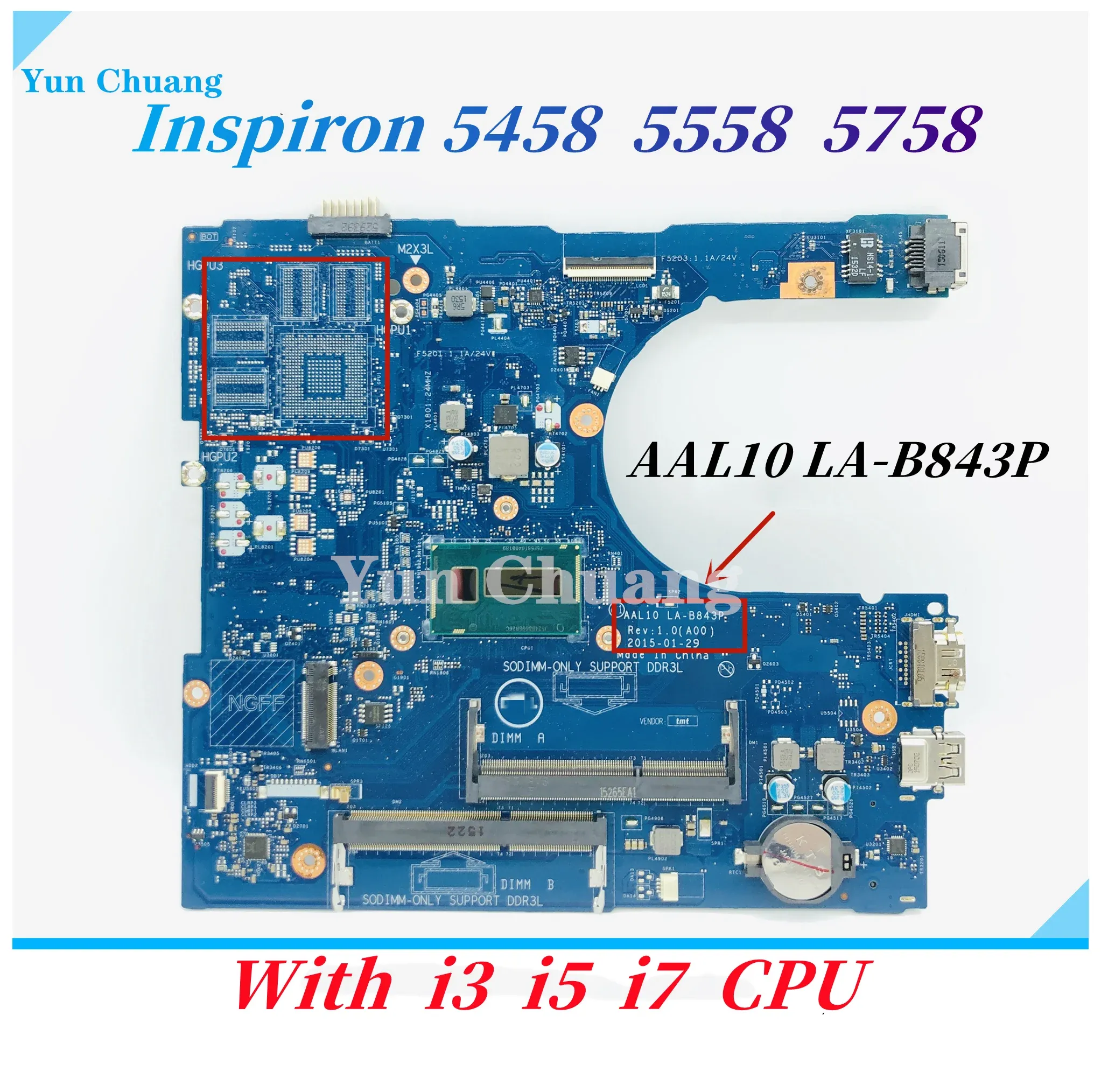 Moederbord cn0xcfxd aal10 lab843p mainboard voor dell inspiron 5458 5558 5758 laptop moederbord met i3 i5 i7 cpu uma ddr3l 100% werk