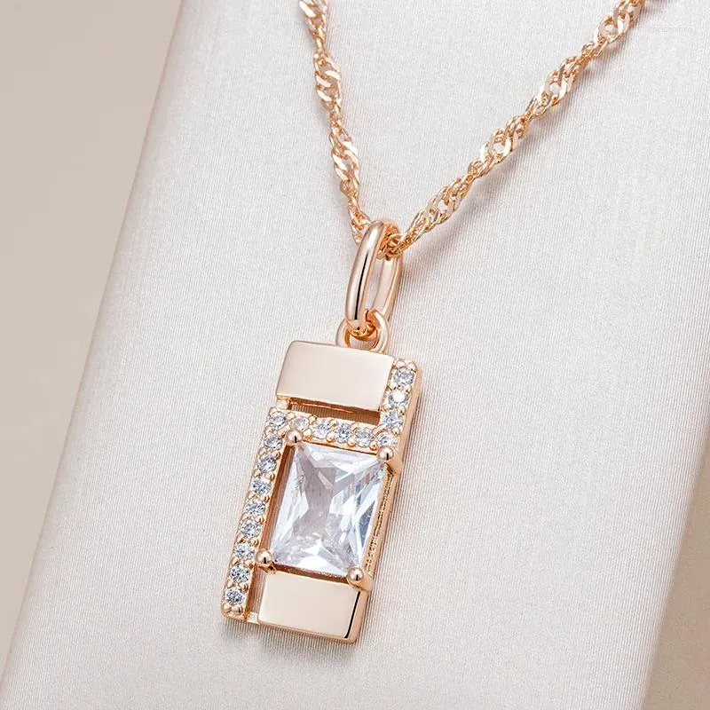 Colliers pendants Kinel Classic Square Collier pour femmes 585 Couleur en or rose avec accessoires de zircon naturel bijoux quotidiens simples