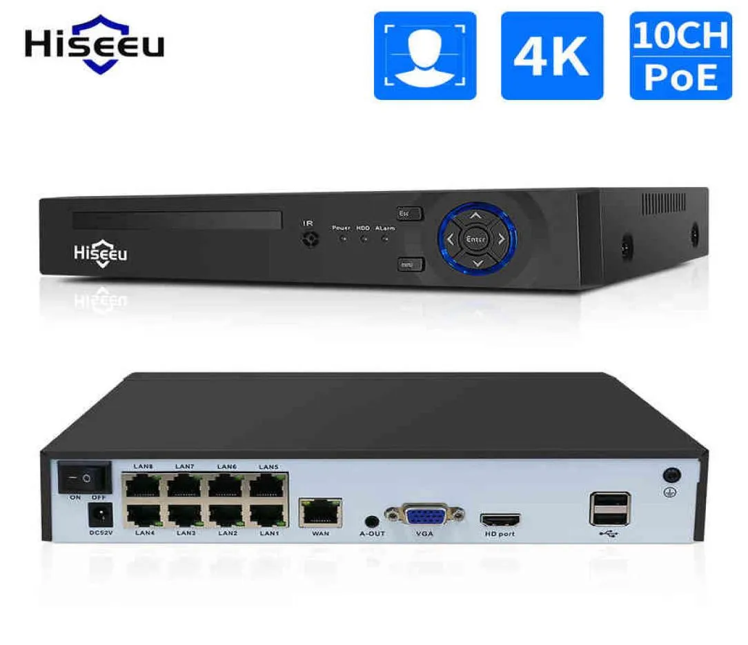 HiseU 8ch 10ch 4K 8mp 5mp POE NVR für POE IP -Kamera -System CCTV -Überwachung H265 48V 8023AF CCTV NVR Recorder Xmeye App AA2202898200