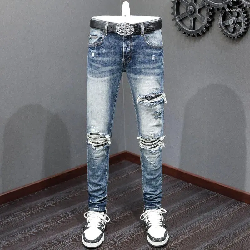 Jeans pour hommes High Street Men Retro Blue Stretch Skinny Fit Ripped Leather Patched Designer Hip Hop Brand Brand Hombre