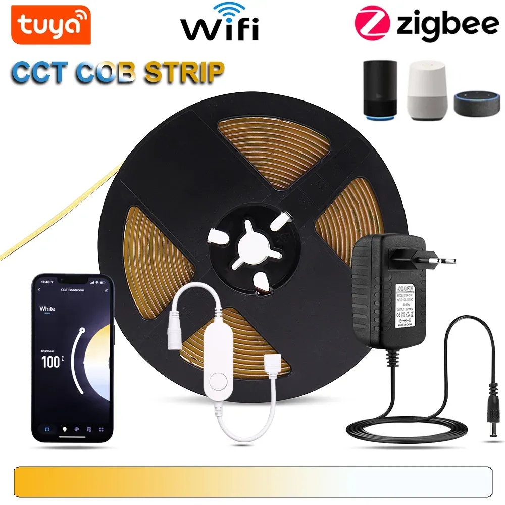 CCT LED Strip Light 24V COB Strip Flexibel Lamp Tuya Wifi Zigbee Dimble Tape LED Fjärr Alexa Google Assistant Voice Control