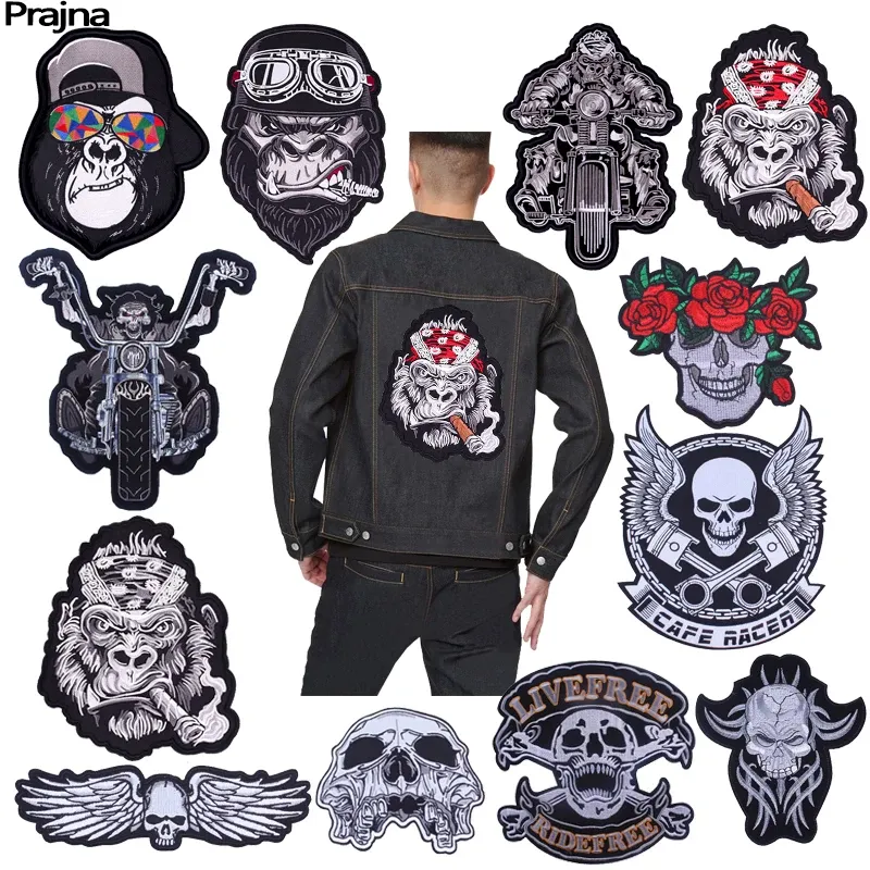 Панк череп Большой вышитый пластырь для одежды для мотоциклета байкер -байкер с вышивкой на швах