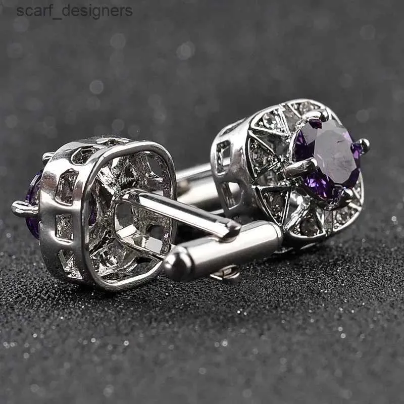 Cuff Links Luxury Mens White Purple Enamel Crystal Zircon Cufflinks Round Wedding Party Cufflink French shirt Cuff Buttons Jewelry Gifts Y240411