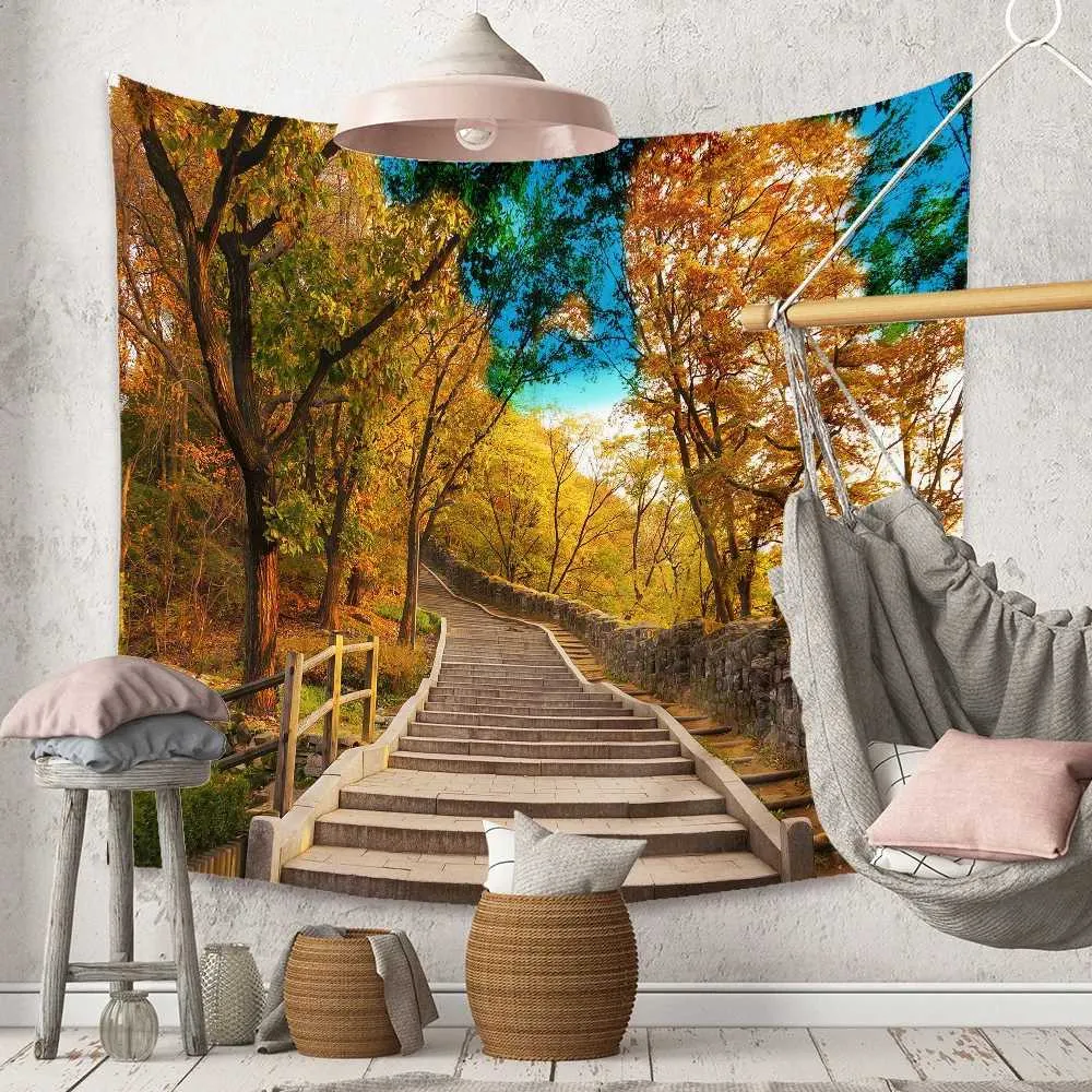 Automne Yellow Forest Stream Landscape Tapases Tapestry Maple Trees Feuilles murales suspendues Hippie Tapiz décor Tapisses Carpets R0411 1