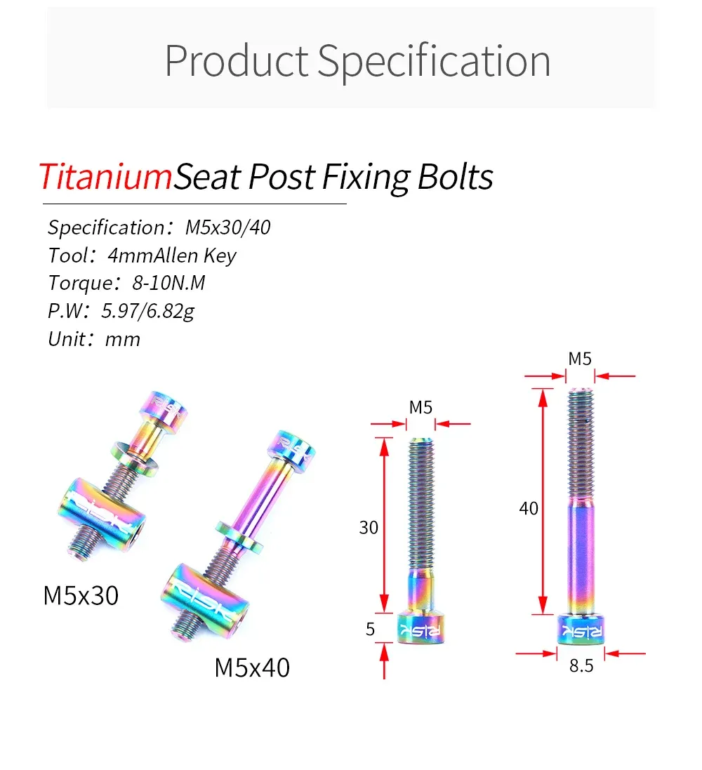 Risco 2pcs M5*30mm M5x40mm Titanium liga de bicicleta Bicicleta Post Bolts MTB Mountain Road Bike Washer para parafusos de tubo de assento no assento