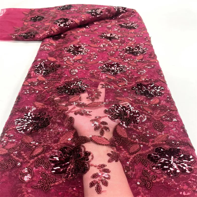 2024 3Dスパンコールの最新のアフリカンレースファブリック高品質のフレンチメッシュチュール刺繍ネットレース縫製ドレス2.5ヤード