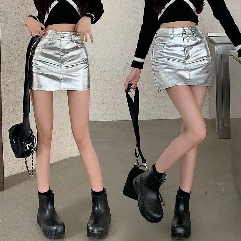 Silver PU Leather Skirt Shiny A Line Half Length Skirt For
