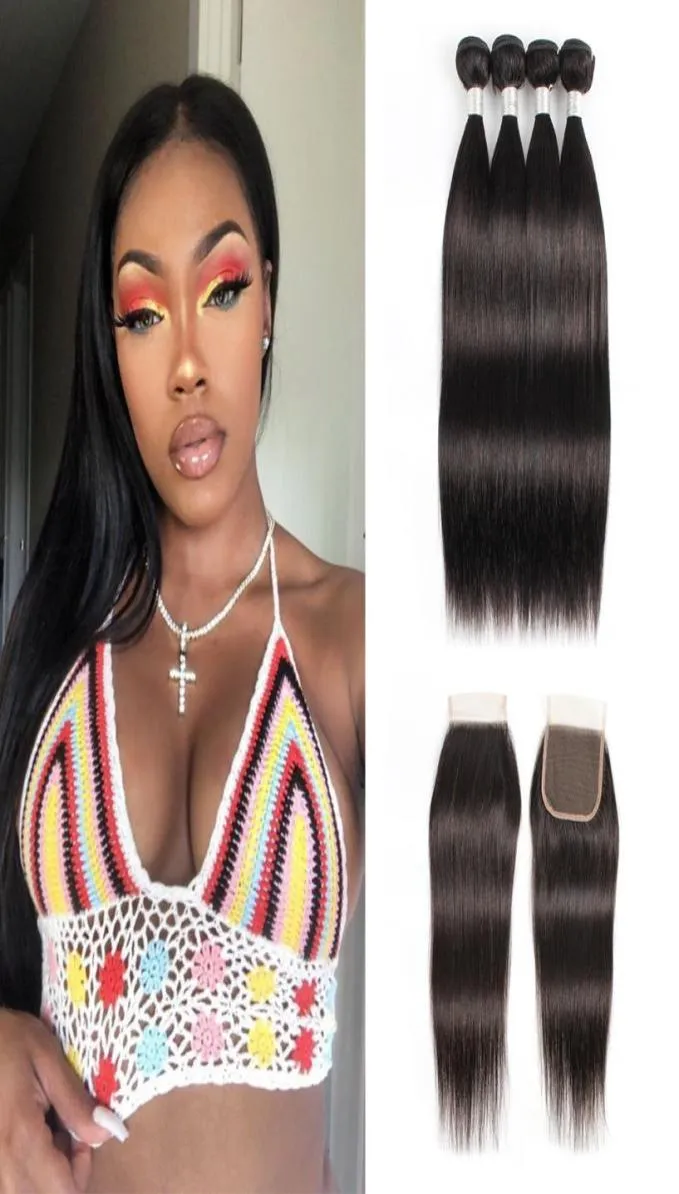 Brazilian Straight Human Hair Bundles With Closure Remy Hair Extensions Natural Color 3 or 4 Bundles with 4x4 Closure 1028 Inch W1908263