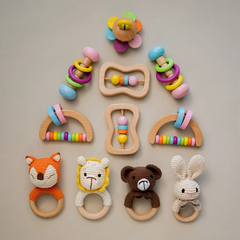 Crochet Animal Musical Rattle Soother Wooden Teether Baby Product mobile Pram Crib ring