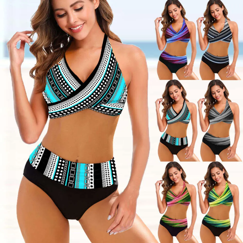 New Women S Split Bikini Stripe Tie Dyed Hollow Sexy High Waist Swimsuit