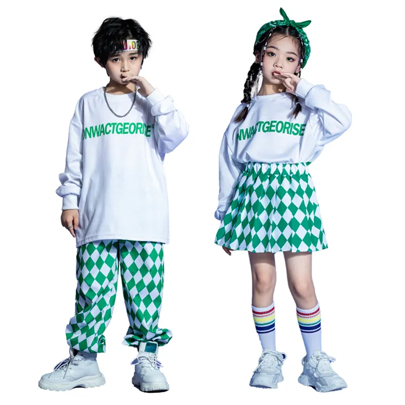 Barn tonårskonsertkläder Vit tröja toppar avslappnade joggerbyxor kjol för tjej pojke jazz hip hop dance kostym kläder