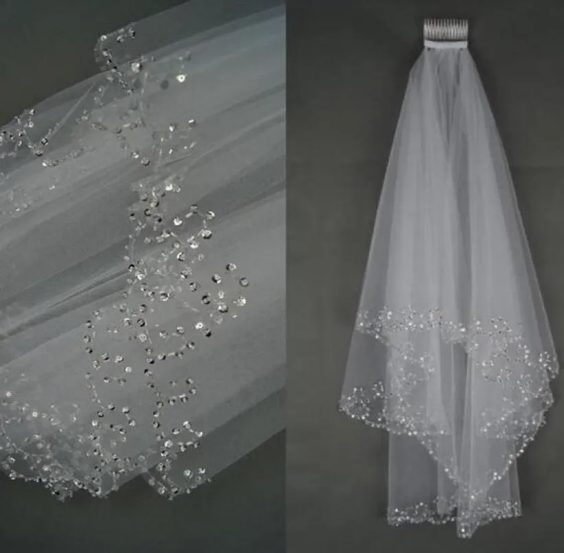 Real Image Sparkly Beaded Bridal Veils With Rhinestones Edge Short Length Tulle Wedding Veil2522136