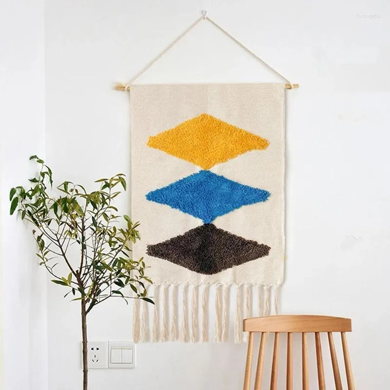Tapissries Nordic Style Hand-Woven Tapestry Tassel Tufted Geometric Yellow Blue Home Art Tyg Bakgrund Party Wedding Wall Hanging Decor