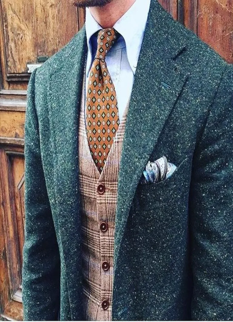 2019 Mens Green Pideted Donegal Tweed Costume Brown Mens Mend Mens Tweed Capturé Single Breasted Men Suit Notch Lapeljacketp3546753