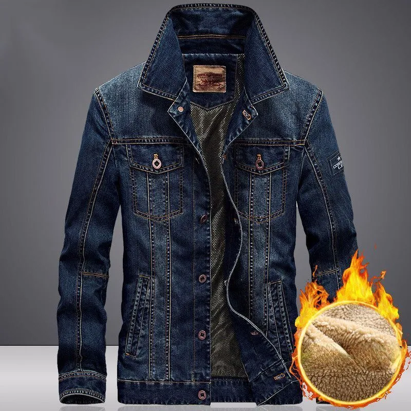 Autumn Winter Men Denim Jacket Casual Turn-down Cowboy Blue S Thicken Warm Jeans Coat Casaca Hombre E714