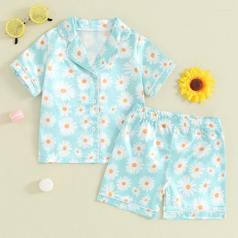 Kleding Sets Kids PyjamaS Shorts Set Toddler Girls Boys Silk PJS Floral Button Down Shirt en kort 2 -delige pyjama slaapkleding