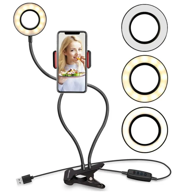 Selfie Ring Light con supporto per telefono cellulare Lampada da banco pigra Lampada per trucco con telecamera a LED LED Flexible Arms4671824