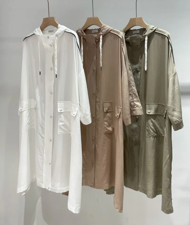 Trench de trincheira feminina Spring tencel Brunello Long Windbreaker Coat Cucinelli Branco Branco Marrom