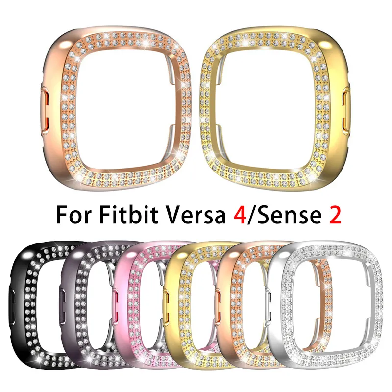 PC Case voor Fitbit Versa 4 Smart Watch Dubile Row Diamond Protective Shell voor Fitbit Sense 2 Bumper Anti-Fall Frame Cases